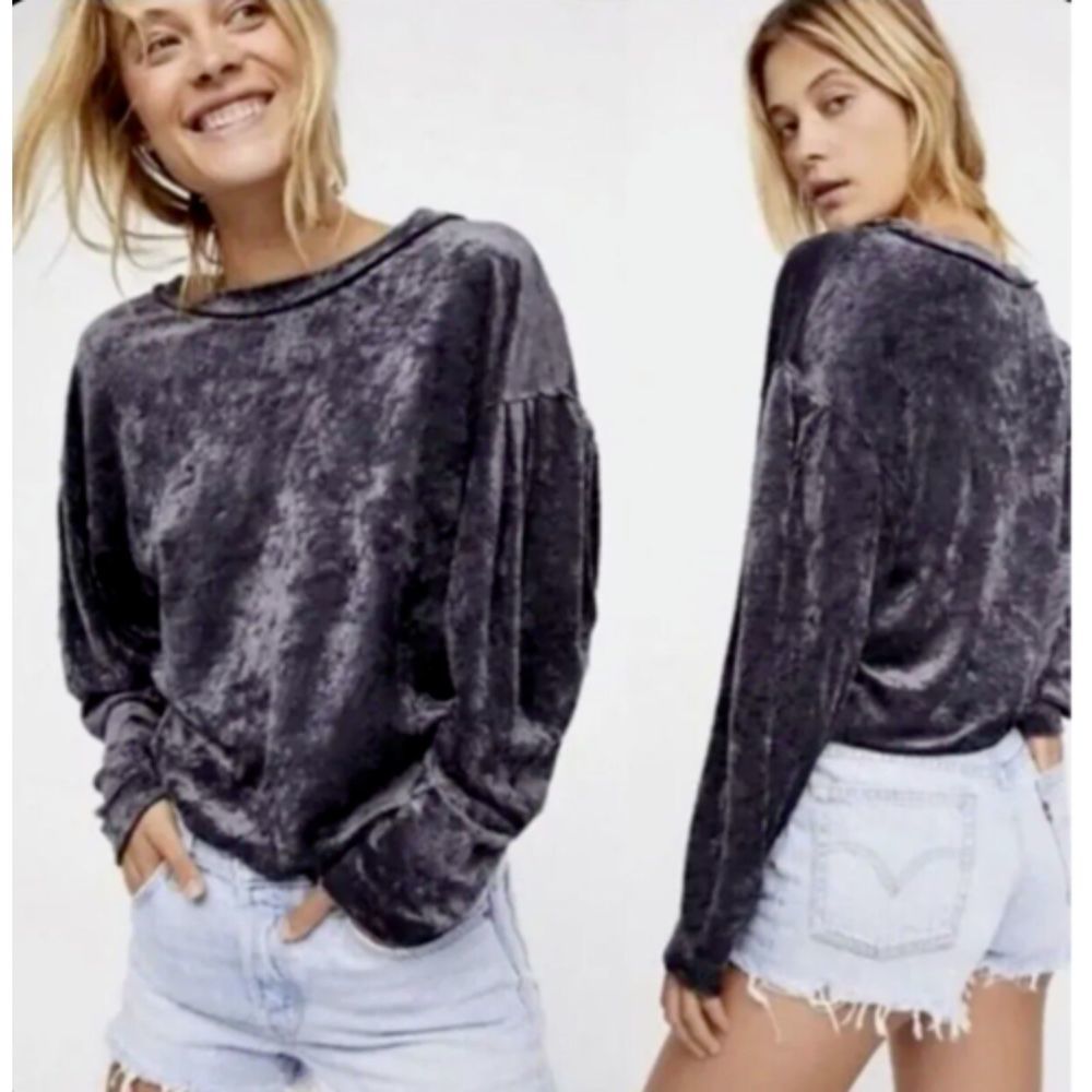 We The Free People Crushed Velvet Puff Long Sleeve Top Pullover Size S Dark Gray